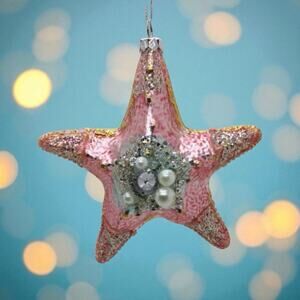 Glass Starfish Christmas Ornament Pink Glitter Coastal Beach Holiday Decor‎